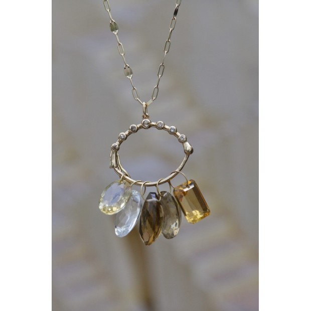 5 Octobre aukso kaklo papuošalas su deimantais, citrinu, topazu, akvamarinu, geltonuoju labradoritu